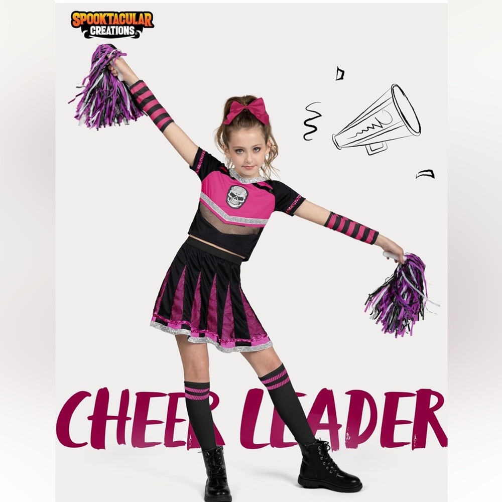 Kids Pink & Black Punk Cheerleader Costume with Skull Accent